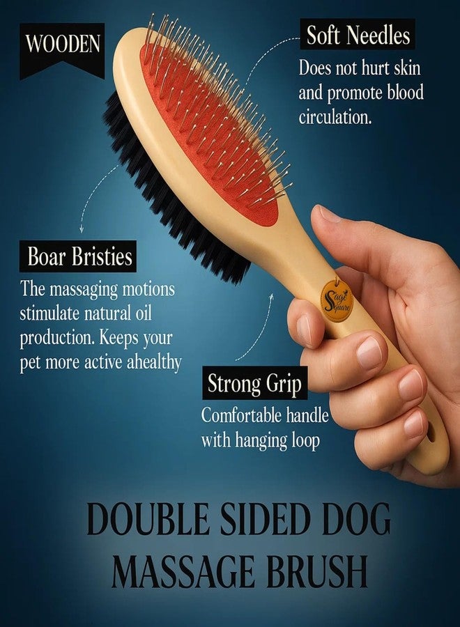 سايج سكوير فرشاة تنظيف الحيوانات الأليفة الخشبية ذات الوجهين من سيج سكوير للكلاب والقطط | جانب واحد بشعيرات معدنية لفك التشابك وإزالة الشعر المتساقط | الجانب الآخر بشعيرات نايلون ناعمة لإضفاء اللمعان ولمسة نهائية خشبية | صغير 18 سم (النوع 3) - Image 2